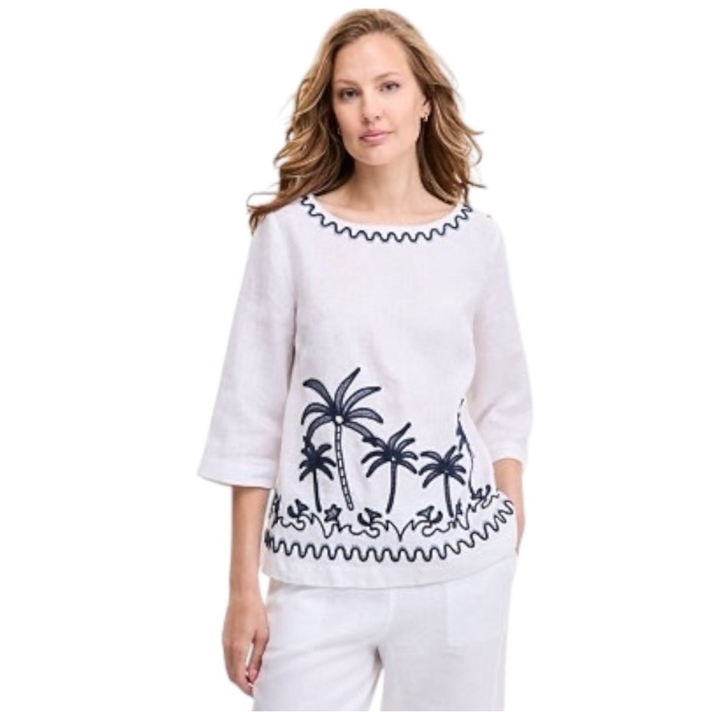 Charter Club Shirt Women Large White Navy Linen Palm Tree Embroidered Top Preppy